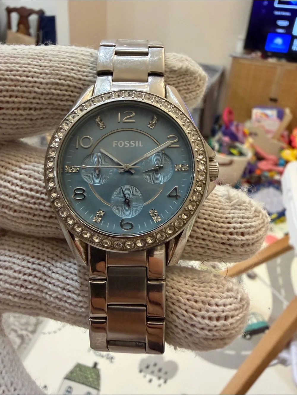 Fossil Riley ES3529 Silver Stainless Steel Light Blue Dial Crystal Unisex Watch